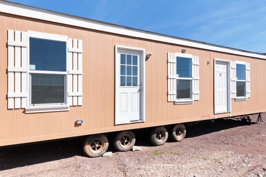 Manufactured home exterior staged on site before final setup