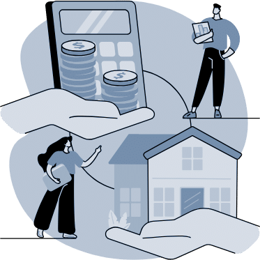 Hands holding a house while people manage finances and property records above it, representing property management.