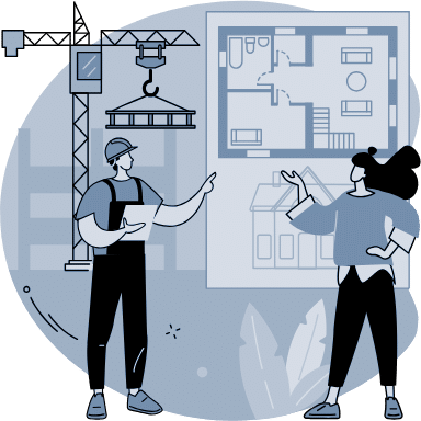 Two people reviewing building plans with a crane and floor layout behind them, representing manufactured home planning.