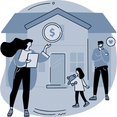 Family and agent standing in front of a home with a dollar symbol, representing real estate services.