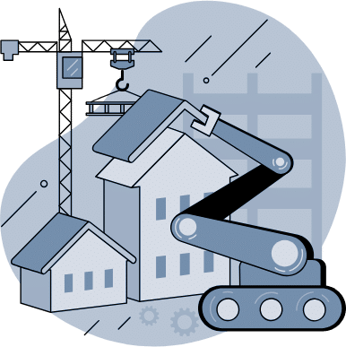 Construction machinery building houses with a crane and excavator, representing land development.