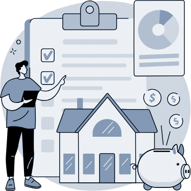 Checklist and home icon showing property planning and evaluation steps