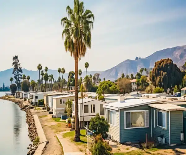 Manufactured housing community with homes installed on prepared land near coastal and inland California settings