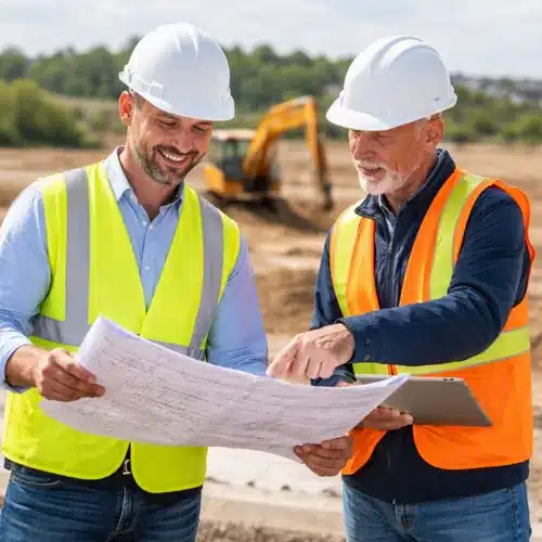 Onsite Planning and Development Review Planner and engineer reviewing site plans during land development in San Diego
