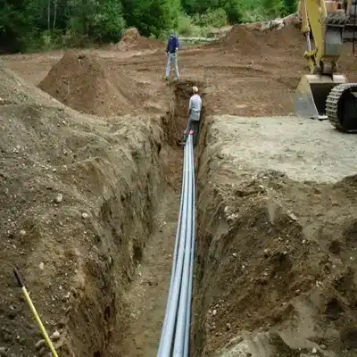 Workers installing underground utilities in a trench as part of land development site preparation