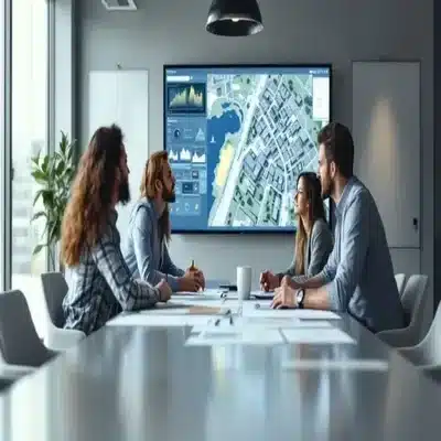 Development team reviewing site data and maps during land planning and project coordination