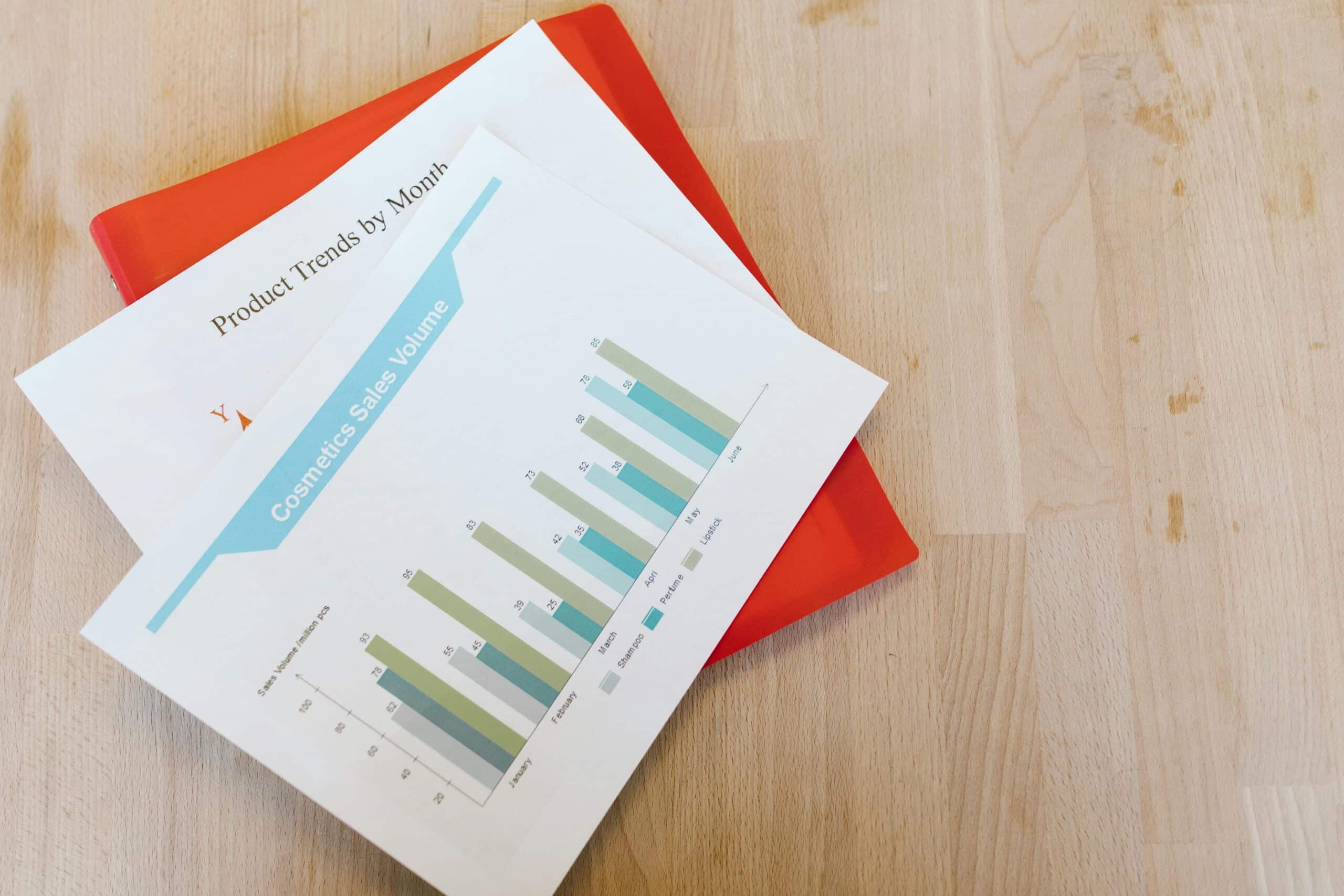 Top view of a cosmetics sales volume report with charts on a wooden desk.
